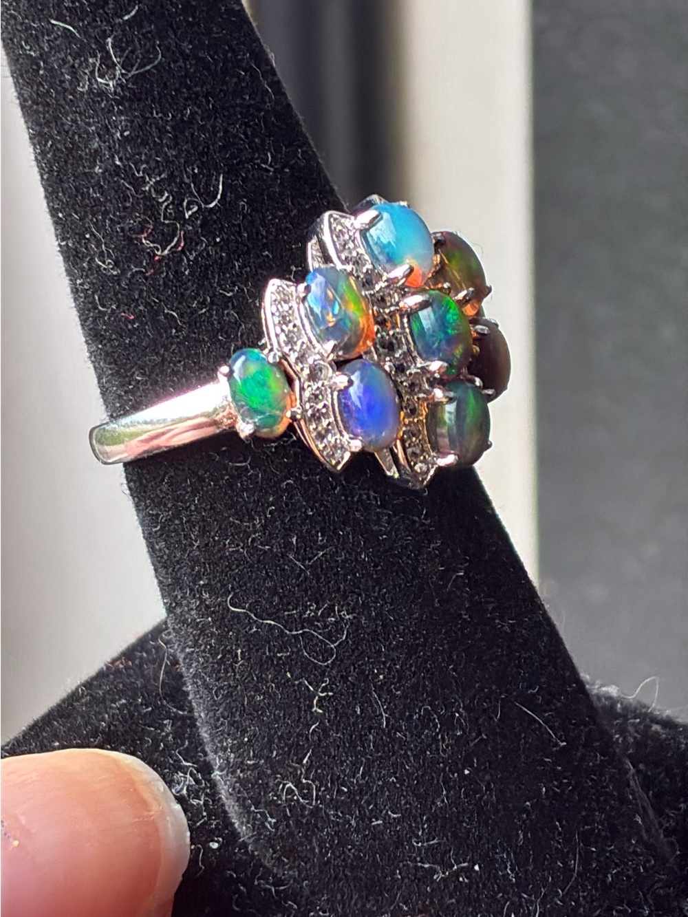 Sterling Silver Black Fire Opal Cluster Ring in Green-Blue Fire - Picture 6 of 9